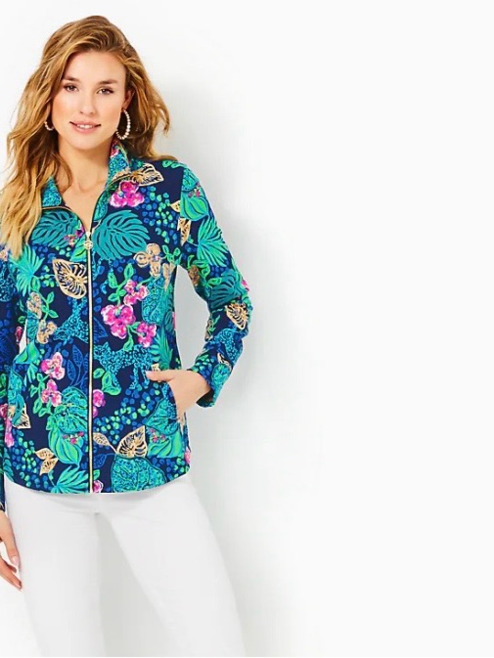 LILLY PULITZER Leona Zip-up Jacket LOW TIDE NAVY LIFE OF THE PARTY, Size LARGE